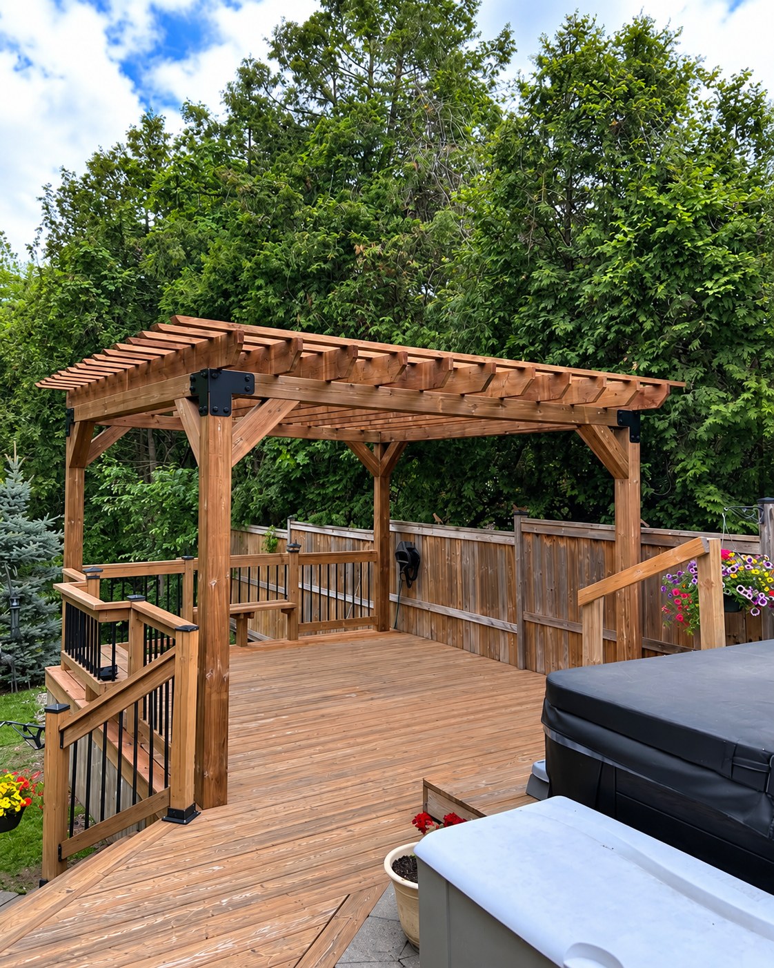 Timber pergola above a deck with wood railings.