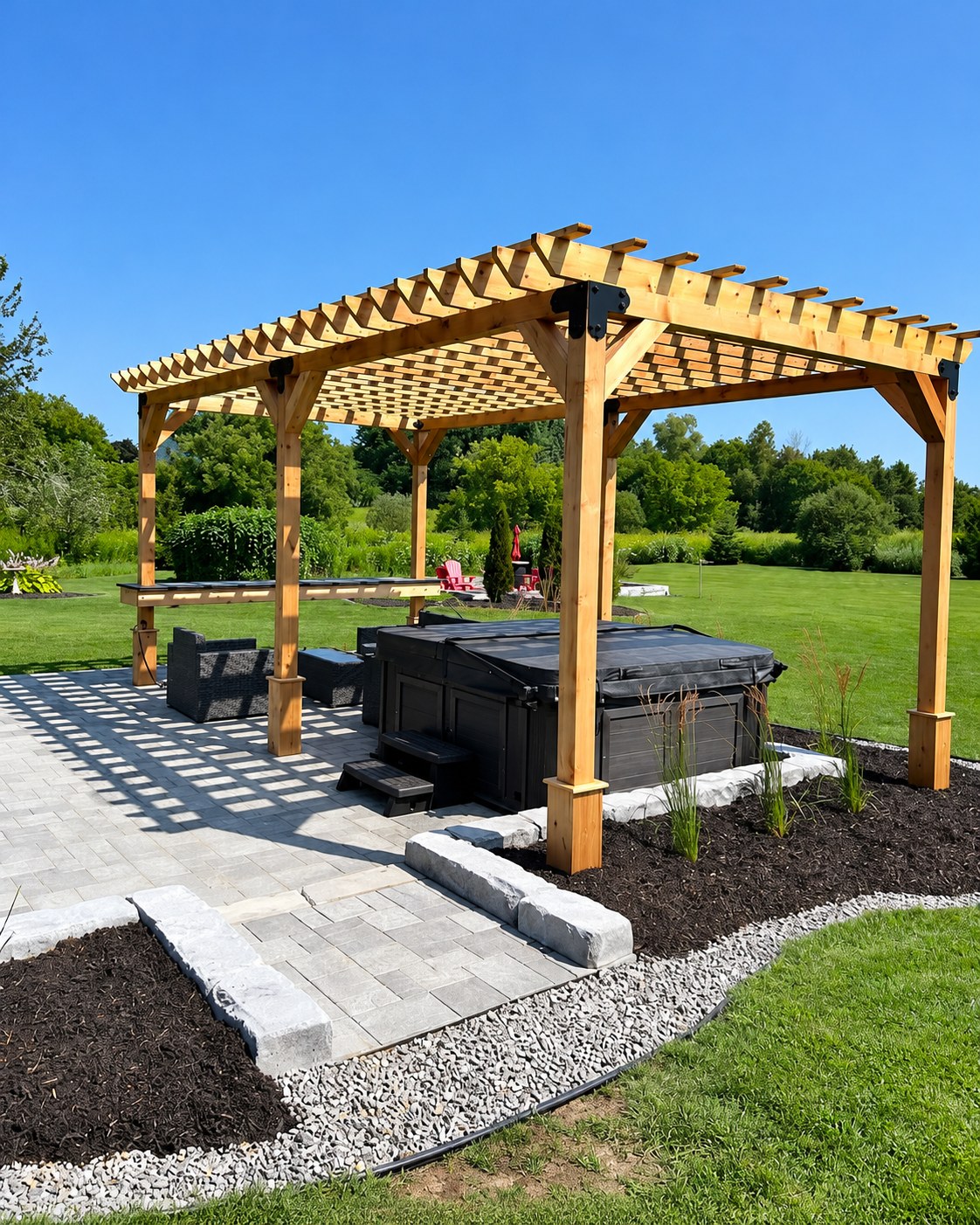 Timber pergola over a paved patio and hot tub.