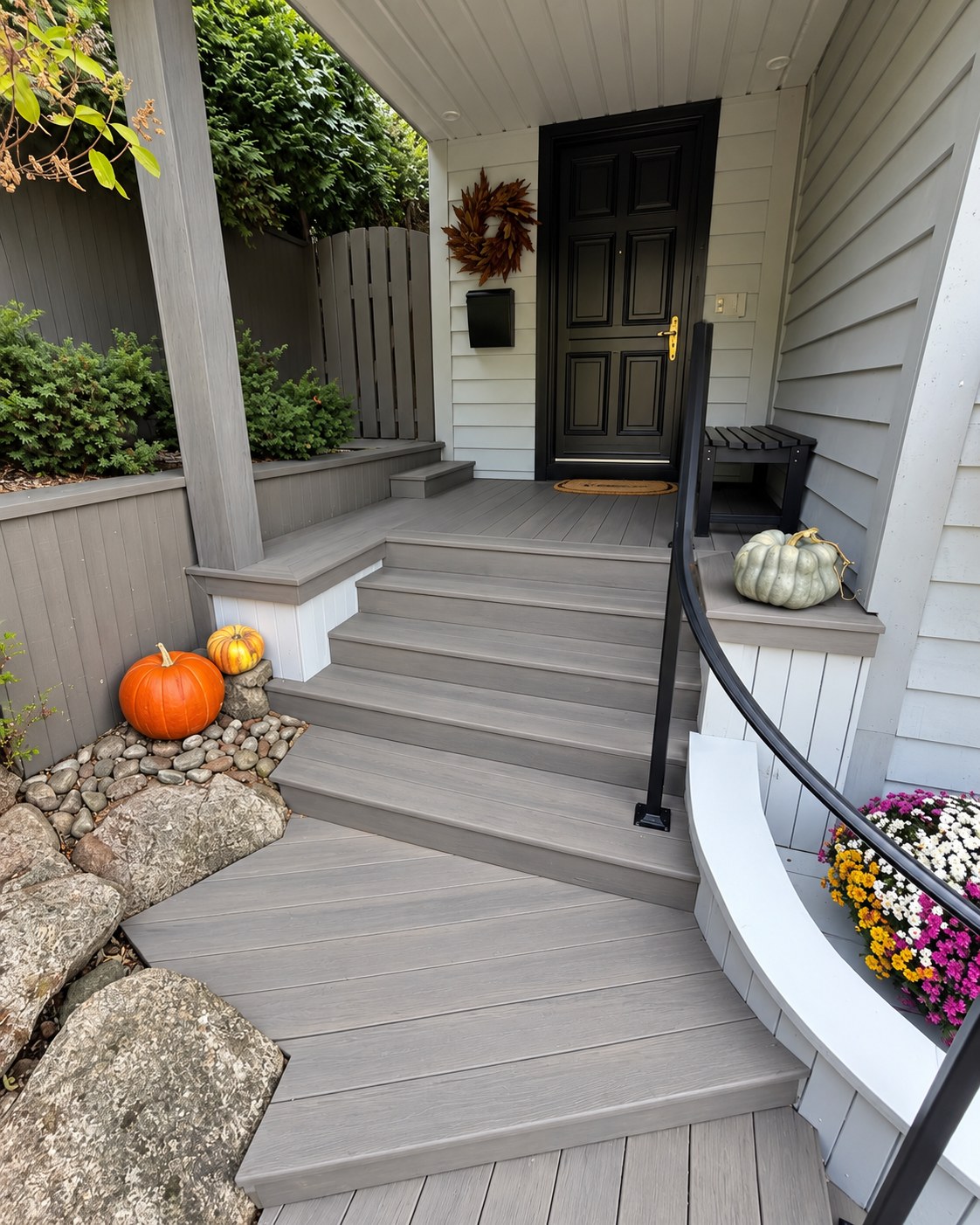 Composite steps and landing with a black metal handrail.