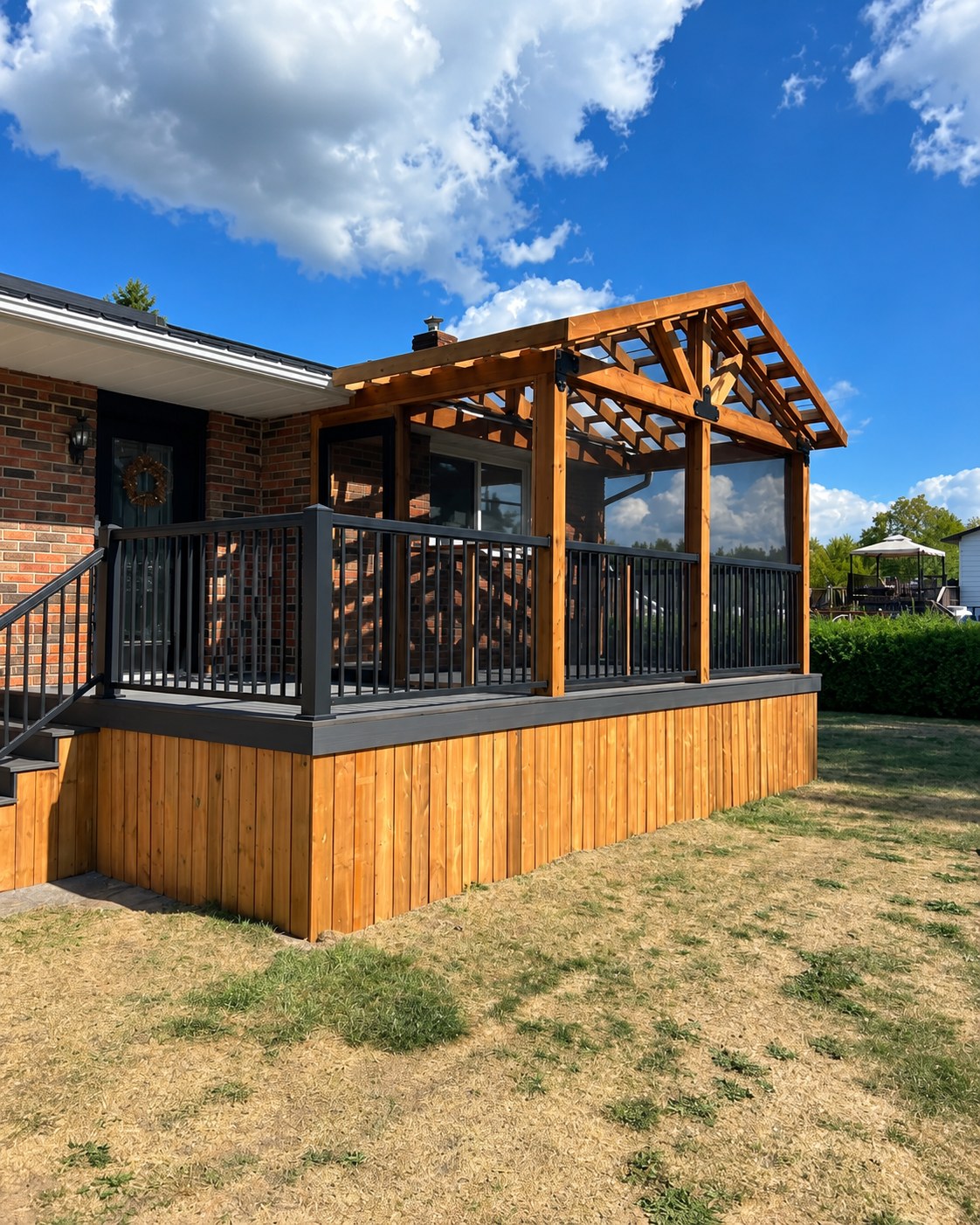 Raised deck with black railings and a timber-framed screened sitting area.